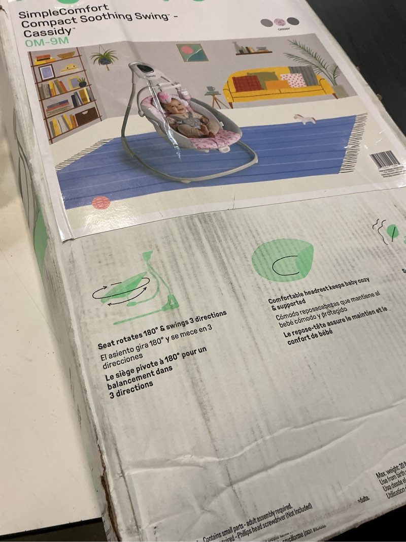 Condition photo showing New/Like New for ingenuity simplecomfort lightweight compact 6-speed multi-direction baby swing, vibrations & nature sounds, 0-9 months 6-20 lbs (pink cassidy)