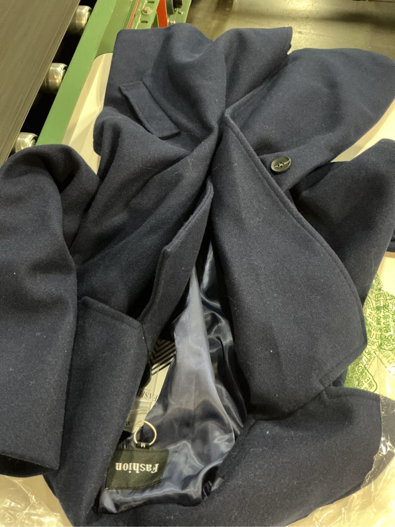 Condition photo showing item condition for (Size:M)Women Double Breasted Short Peacoat Winter Oversized Notched Lapel Cropped Wool Blend Coat Jacket with Pockets Navy Medium