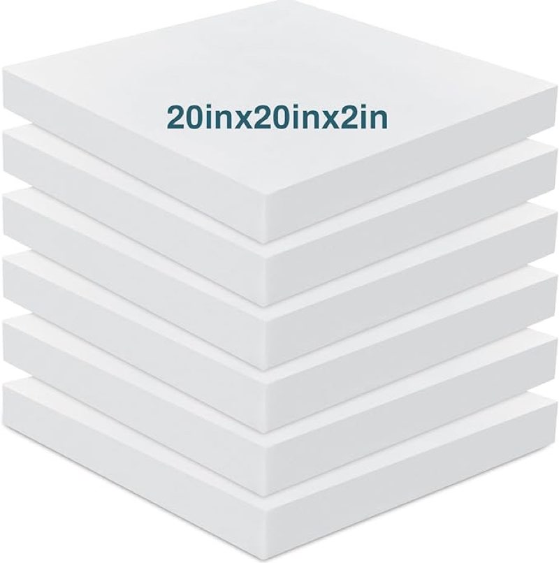 Frienda 6 Pack 2" X 20" X 20" Upholstery High Density Foam Cushion White Square Seat Replacement Cushion or Commercial Use Stuffing Craft Foam Couch Chair Padding DIY Projects