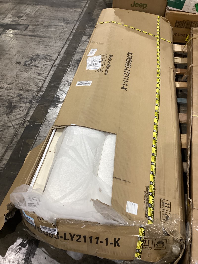 Condition photo showing As Is for eudora white wood frame upholstered king platform bed with channel tufting queen bed frame and headboard