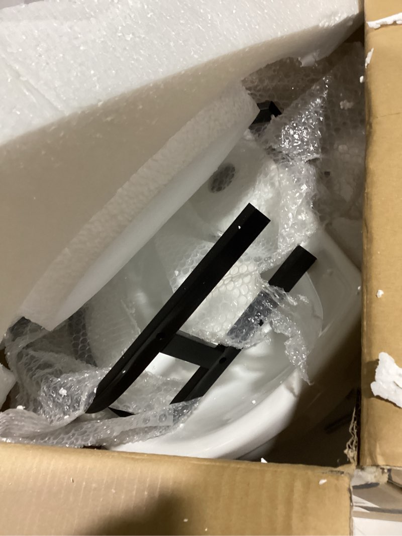 Condition photo showing Good Condition for small corner bathroom sink - white triangle porcelain ceramic wall mount vessel sink, above counter design with single faucet hole & overflow