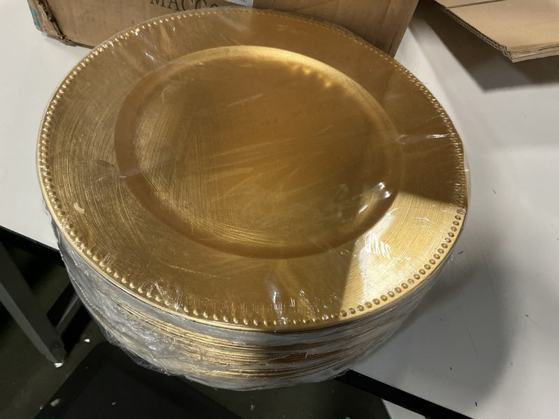 Condition photo showing New/Like New for MAONAME Foil Gold Charger Plates Bulk, 13\" Beaded Plate Chargers for Dinner Plate, Plastic Round Chargers for Table Setting, Wedding (approximately 96 plates count not verified)