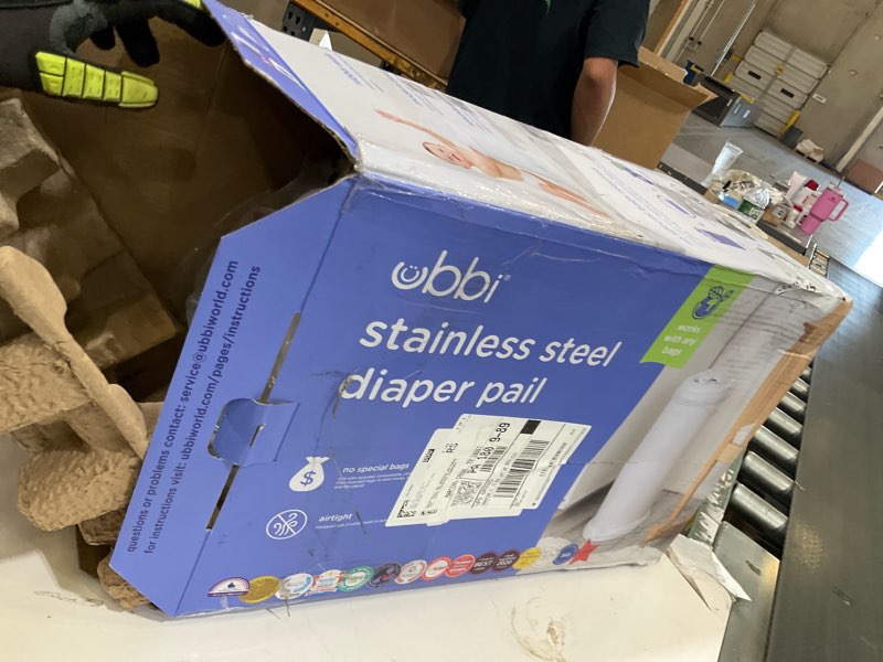 Condition photo showing Good Condition for ubbi steel diaper pail, odor locking, no special bag required, award-winning, registry must-have, white