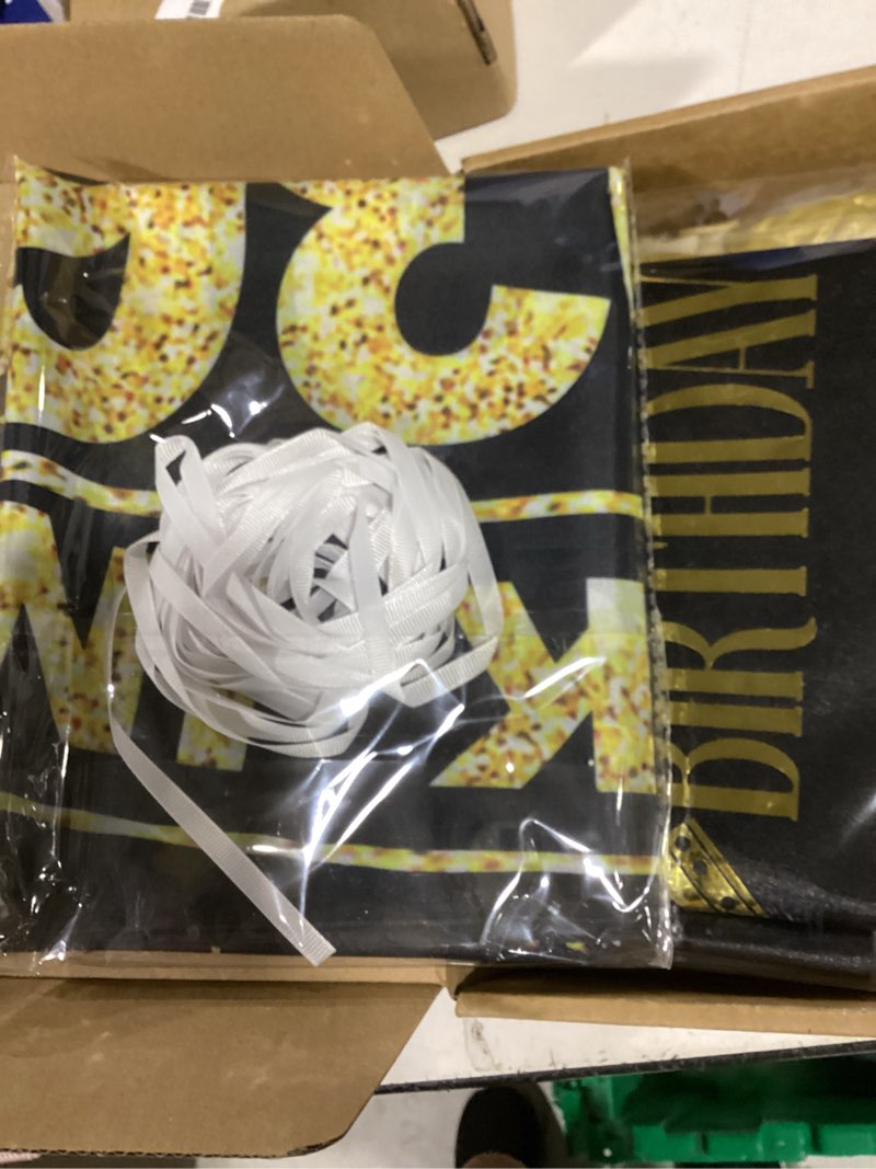 Condition photo showing New/Like New for 90th birthday decorations for men, black gold back in 1936 party supplies kit with banner, backdrop, sash, balloons, cake topper & honeycomb centerpieces, happy 90 year old birthday decorations