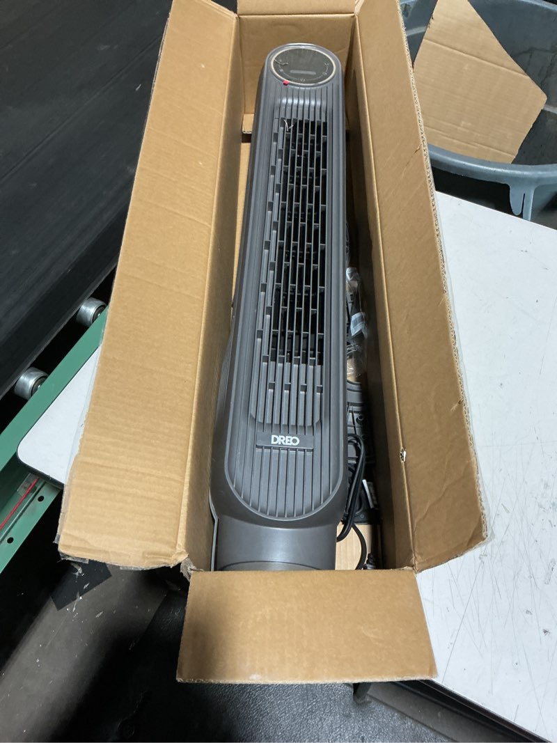 Condition photo showing As Is for dreo tower fan for bedroom, 25ft/s velocity quiet floor fan, 90° oscillating fans for indoors with 4 speeds, 4 modes, 8h timer, bladeless fan, standing fans, grey, nomad one (dr-htf007)