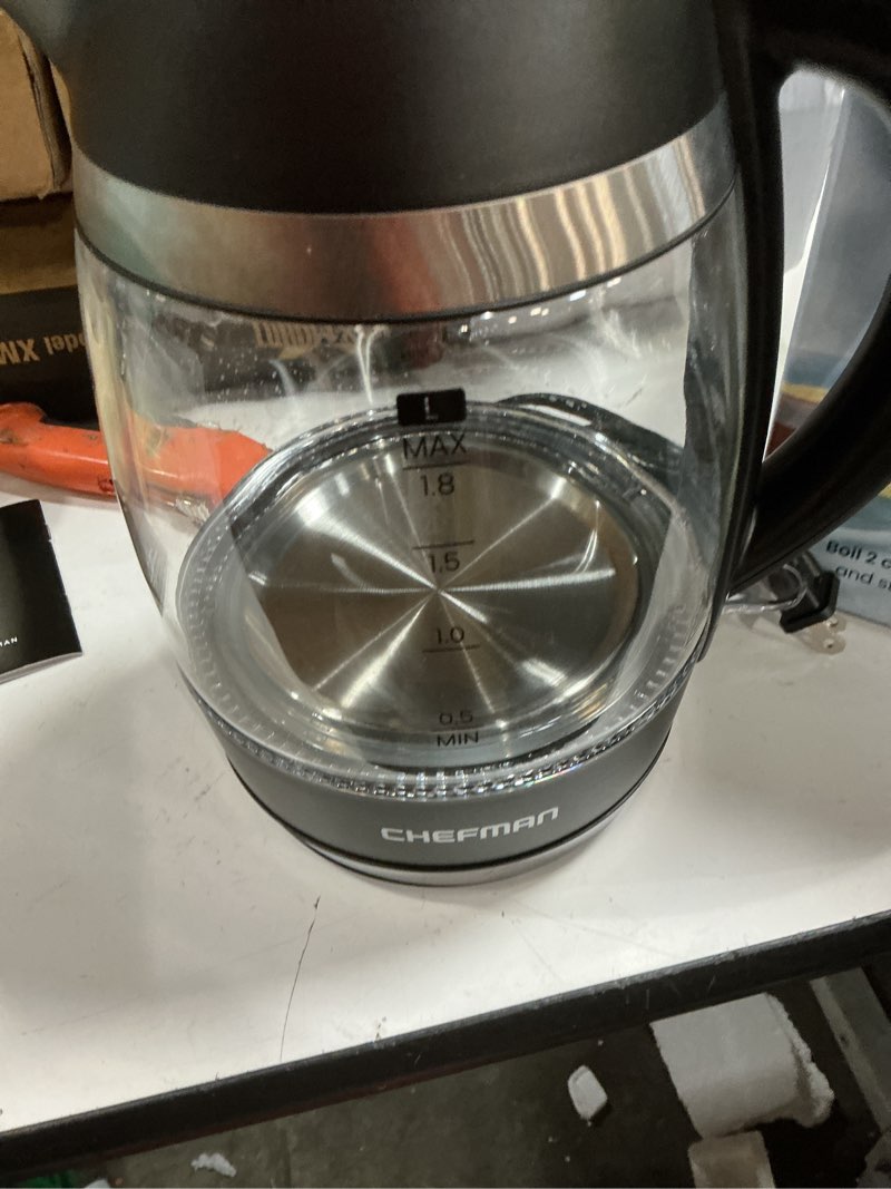 Condition photo showing Good Condition for Chefman Electric Kettle, 1.8L 1500W, Hot Water Boiler, Removable Lid for Easy Cleaning, Auto Shut Off, Boil-Dry Protection, Stainless Steel Filter, BPA Free, Borosilicate Glass Electric Tea Kettle Black
