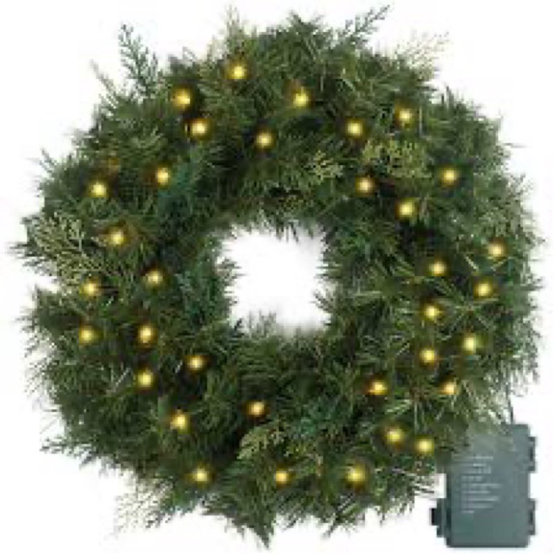 Christmas Wreath with Suction Cup Hook, 24 Inch Christmas Wreaths for Front Door with 50 LED Lights, (similar to stock photo)