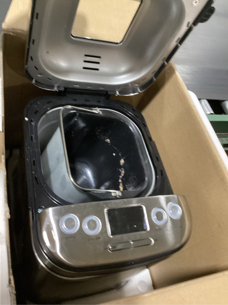 Condition photo showing As Is for cuisinart bread maker machine, stainless steel automatic bread machine with 12 menu options, 3 loaf sizes up to 2 lb., 3 crust colors, removable nonstick baking pan & kneading paddle, cbk-110nas