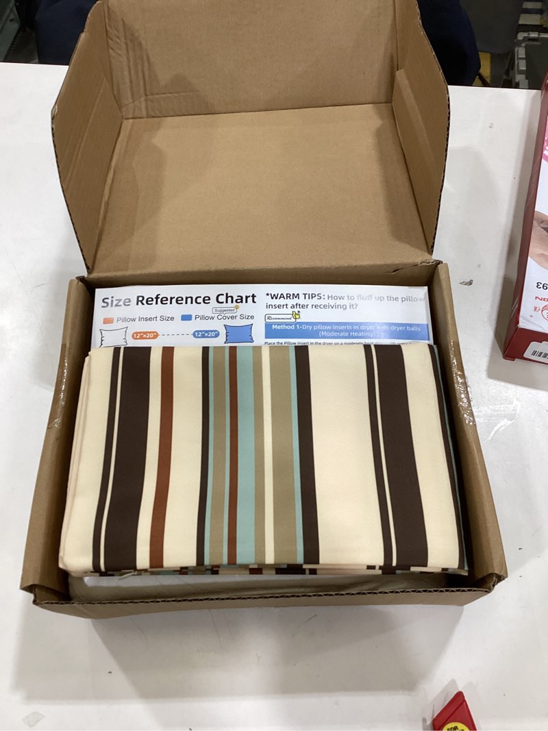 Condition photo showing Good Condition for CASAJOY Pack of 2 12x20 Outdoor Pillows, Waterproof Throw Pillows with Inserts, Decorative Lumbar Pillows for Patio, Garden, Couch, Furniture, Sofa, Bed, Living Room(Stripe Onyx) Stripe Onyx 12"x20"?Pack of 2?