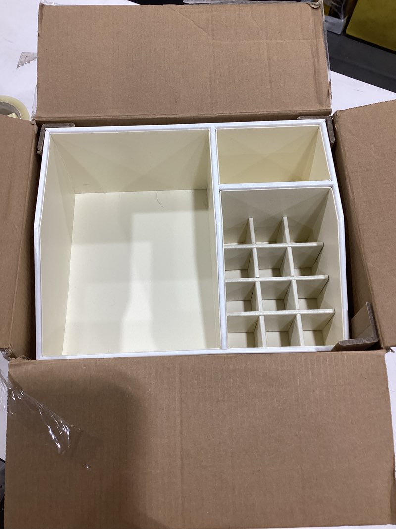 Condition photo showing As Is for Vlando Makeup Organizer Countertop,Large Vanity Organizer PU Leather Make up Storage with 4 Drawers Skin care Organizer Cosmetic Display Case for Lipstick,Brushes,Bedroom-White 4 layers-White