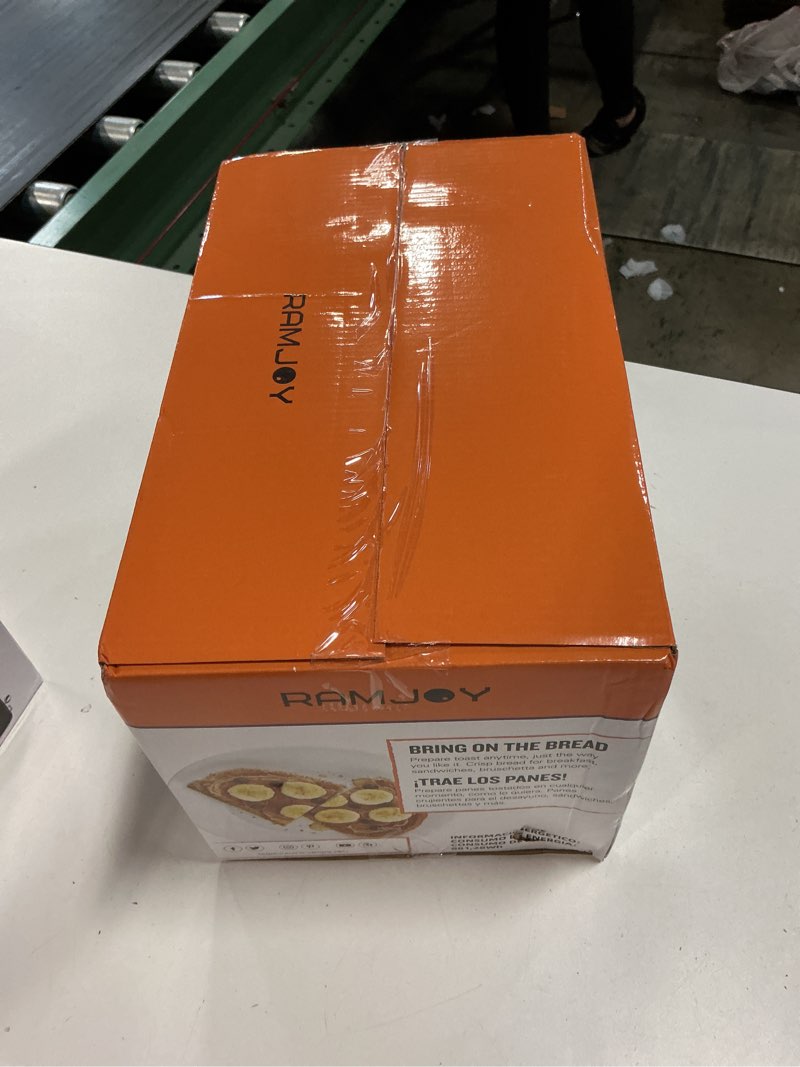 Condition photo showing New/Like New for ramjoy black toaster 2 slice, extra wide slot toaster for bagels, bread, waffles, 7 shade settings, 4 main functions, removable crumb tray, 900 watts toasters, black stainless steel