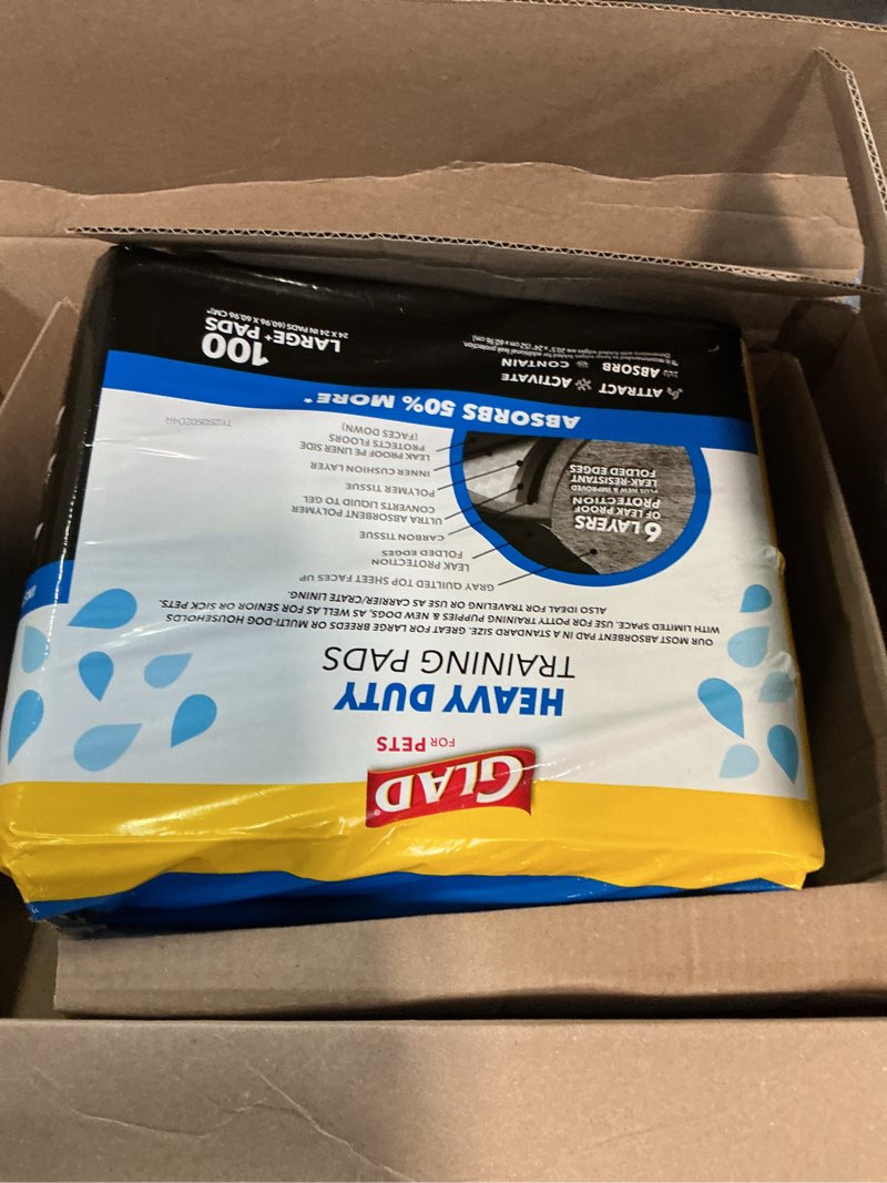 Condition photo showing New/Like New for glad for pets xl charcoal training pads, heavy duty leak-resistant puppy pee pads with activated carbon odor control, quick-dry quilted top, indoor potty & crate liner, 24 x 24 in, 100 count heavy duty 24" x 24" - 100 count