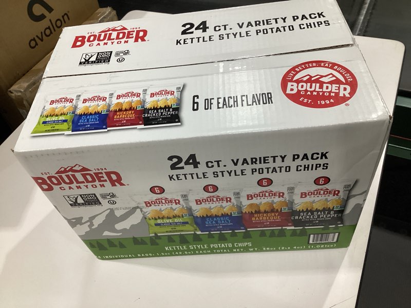 Condition photo showing New/Like New for Boulder Canyon Kettle Style Potato Chips Variety Pack, 24 Count, Assorted 1.5oz. Bags, Olive Oil Classic Sea salt, Hickory BBQ, Sea Salt & Cracked Pepper, Classic Sea salt