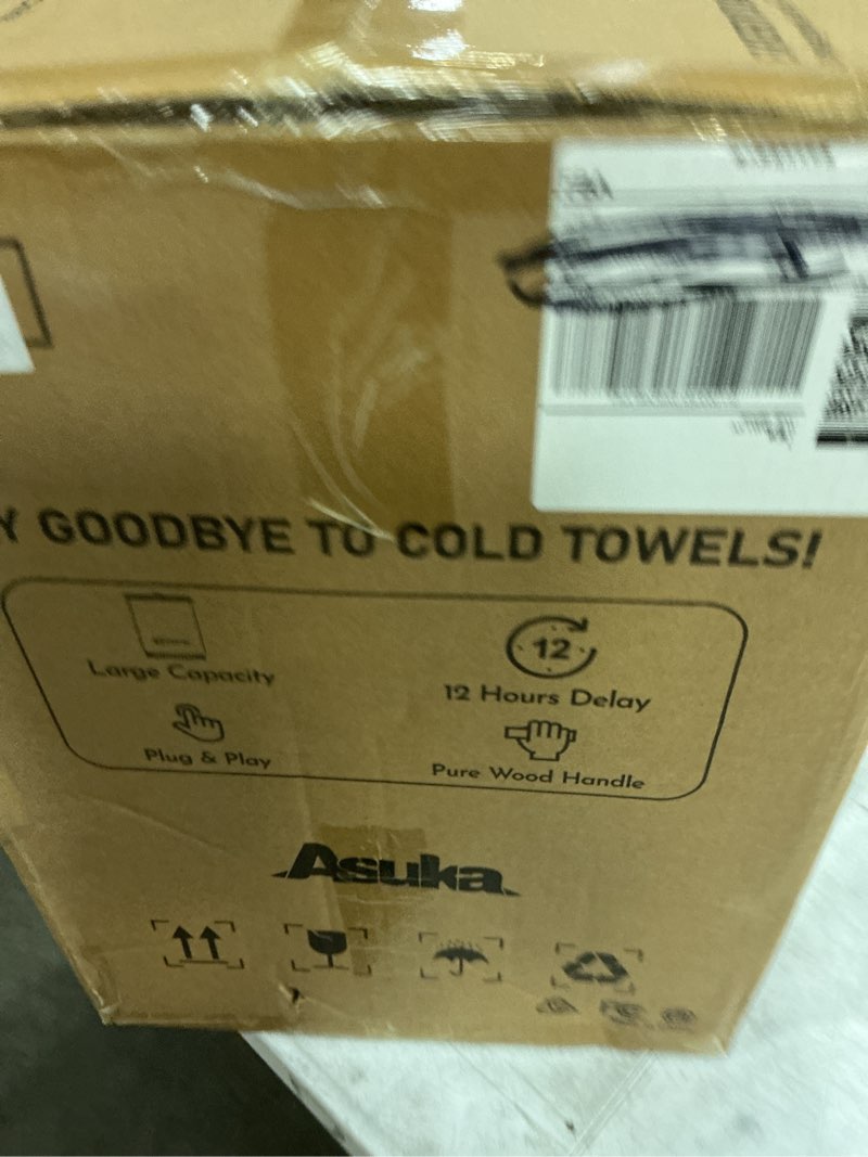 Condition photo showing New/Like New for asuka towel warmer, large towel warmer for bathroom with wood handle, 4 delay settings&auto shut off, towel warmer bucket fits two 40"x70" oversized towels, bathrobes, blankets, pj's and more, white