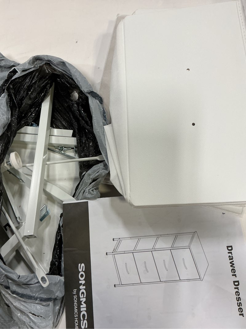 Condition photo showing As Is for Nightstand, 4 Drawer Dresser End Table Bedside Furniture with Wooden Top Steel Frame Fabric Bins for Bedroom, Closet, Entryway, Dorm, Living Room, White White 11.8\"D x 17.7\"W x 37.4\"H (4 Drawers)