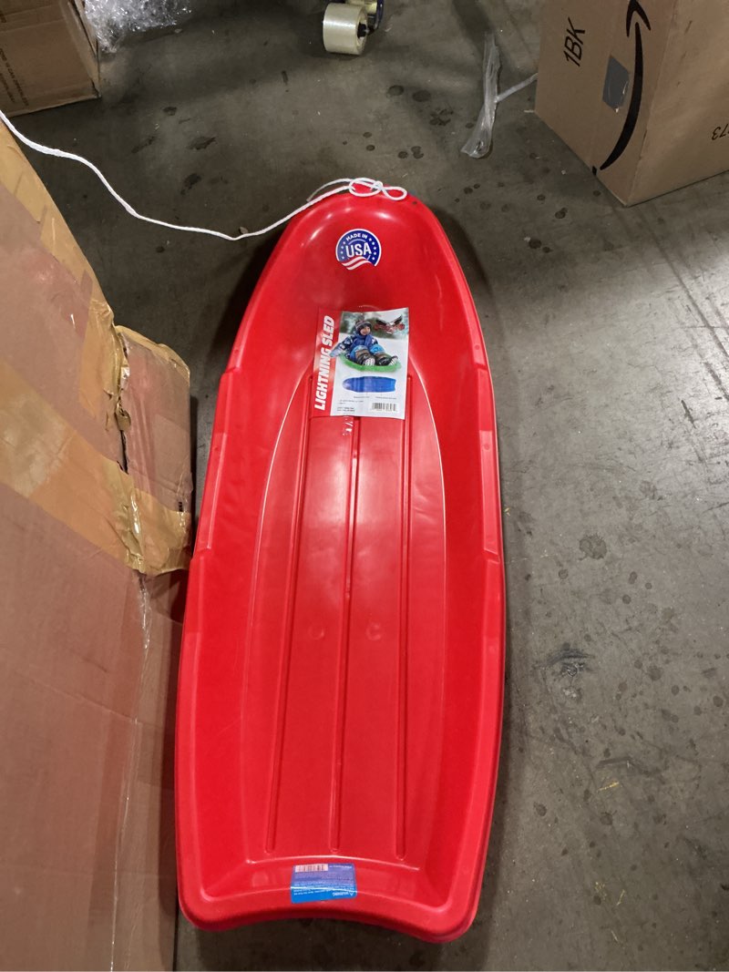 Condition photo showing As Is for (Incomplete, 1 piece only) Flexible Flyer Winter Lightning Snow Sleds for Kids and Adults (3-Pack) - 48 Inch Toboggan Style Plastic Sled with Hard Bottom for Fast, Smooth Rides - 1 or 2 Riders (Blue, Green, Orange)