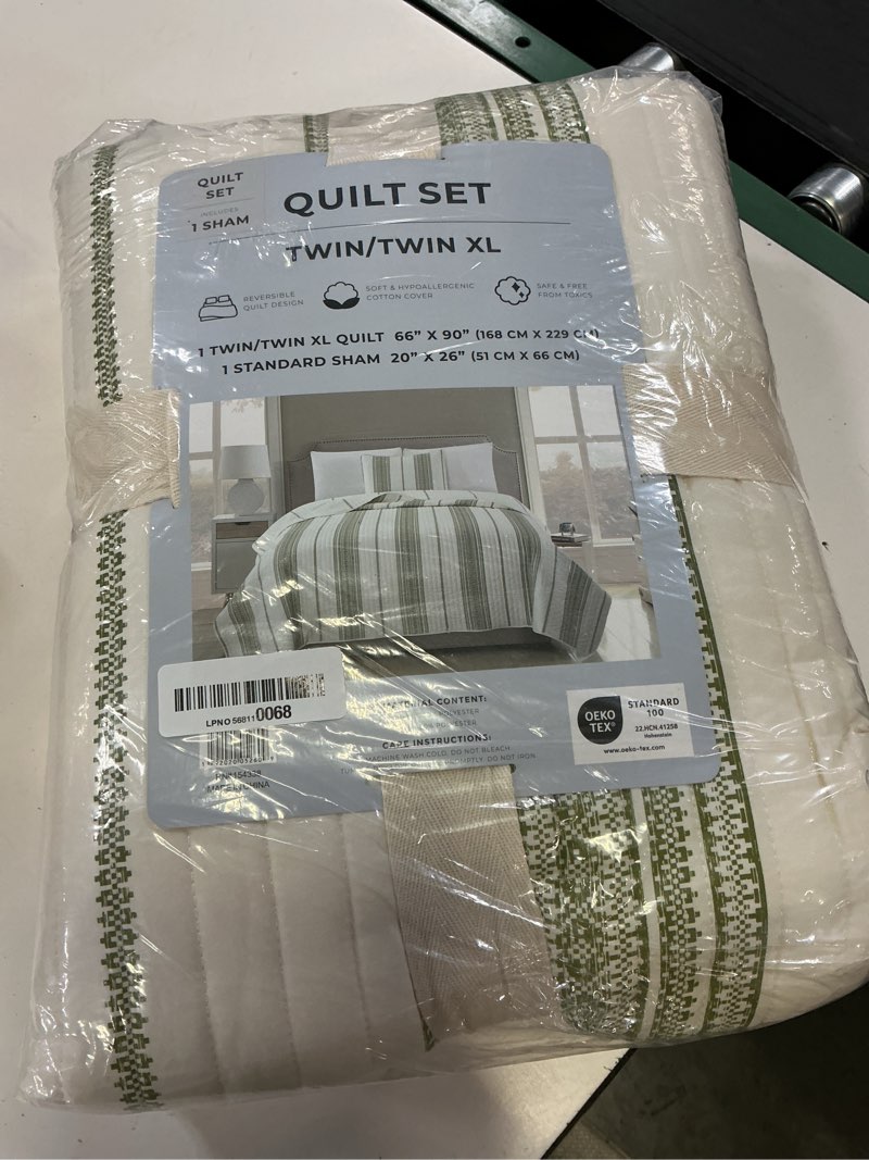 Condition photo showing New/Like New for great bay home striped quilt set - 2-piece twin/twin xl size farmhouse bedding set - lightweight, all-season, reversible bedspread (cream/green) twin / twin xl cream / green