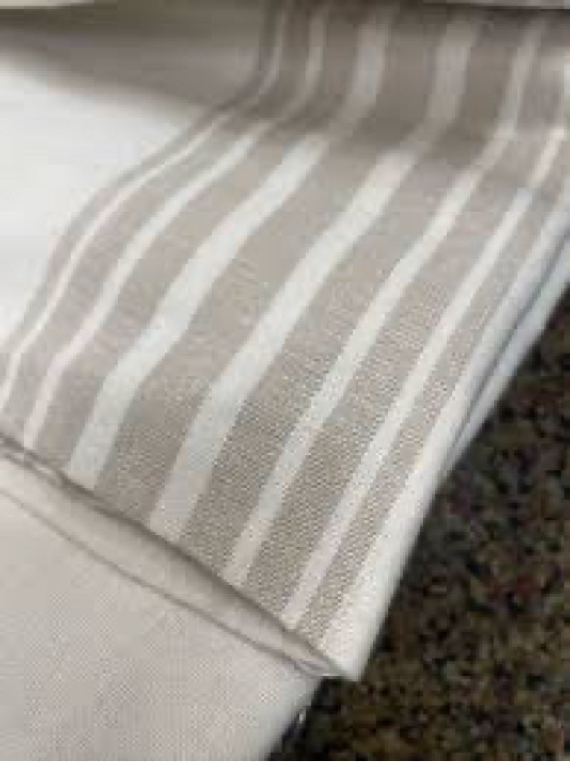 cotton linen blend window curtains with a grey/taupe and off-white stripe pattern. 