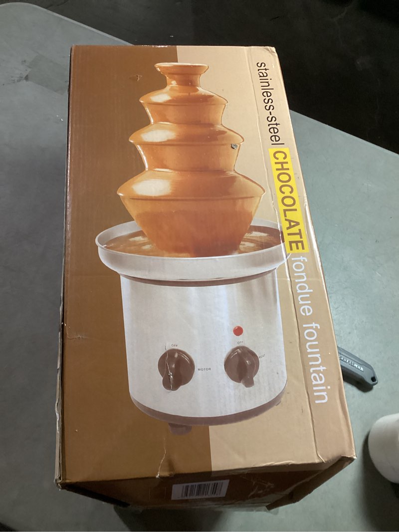 Condition photo showing As Is for nostalgia 4 tier electric chocolate fondue fountain machine for parties - melts cheese, queso, candy, and liqueur - dip strawberries, apple wedges, vegetables, and more - 32-ounce - stainless steel