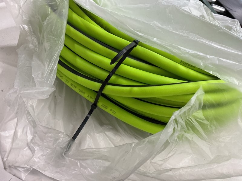 Condition photo showing Good Condition for air hose 3/8 in x 100 ft, heavy duty, lightweight, kink resistant, hybrid air compressor hose with 1/4 in solid brass male fittings, bend restrictors, 300 psi (100ft, green black) 100ft green black