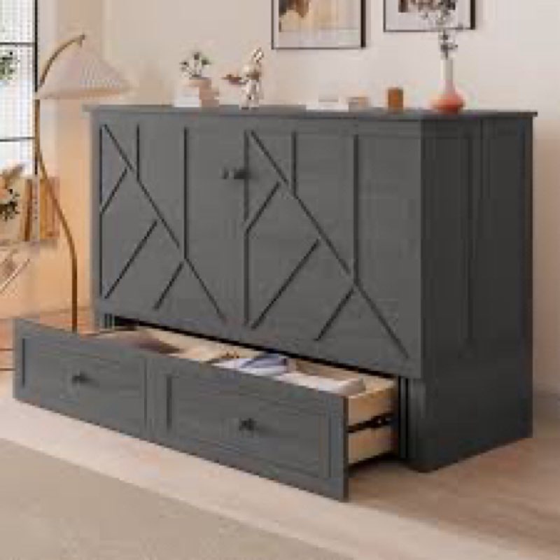 Loon Peak Queen Murphy Bed Cabinet With Large Storage Drawer & Charging Station, Foldable Panel Design, Space-saving Cube Cabinet Bed Frame for Guest Room, Living Room, Office ( Mattress Included)