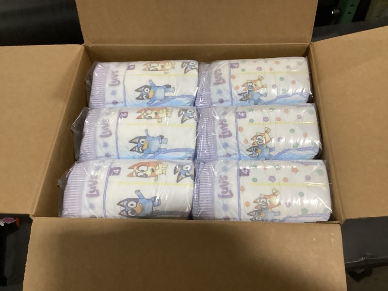 Condition photo showing Good Condition for luvs size 4 baby diapers, platinum protection bluey diapers for day & night, size 4, 198 count (packaging may vary) size 4 198