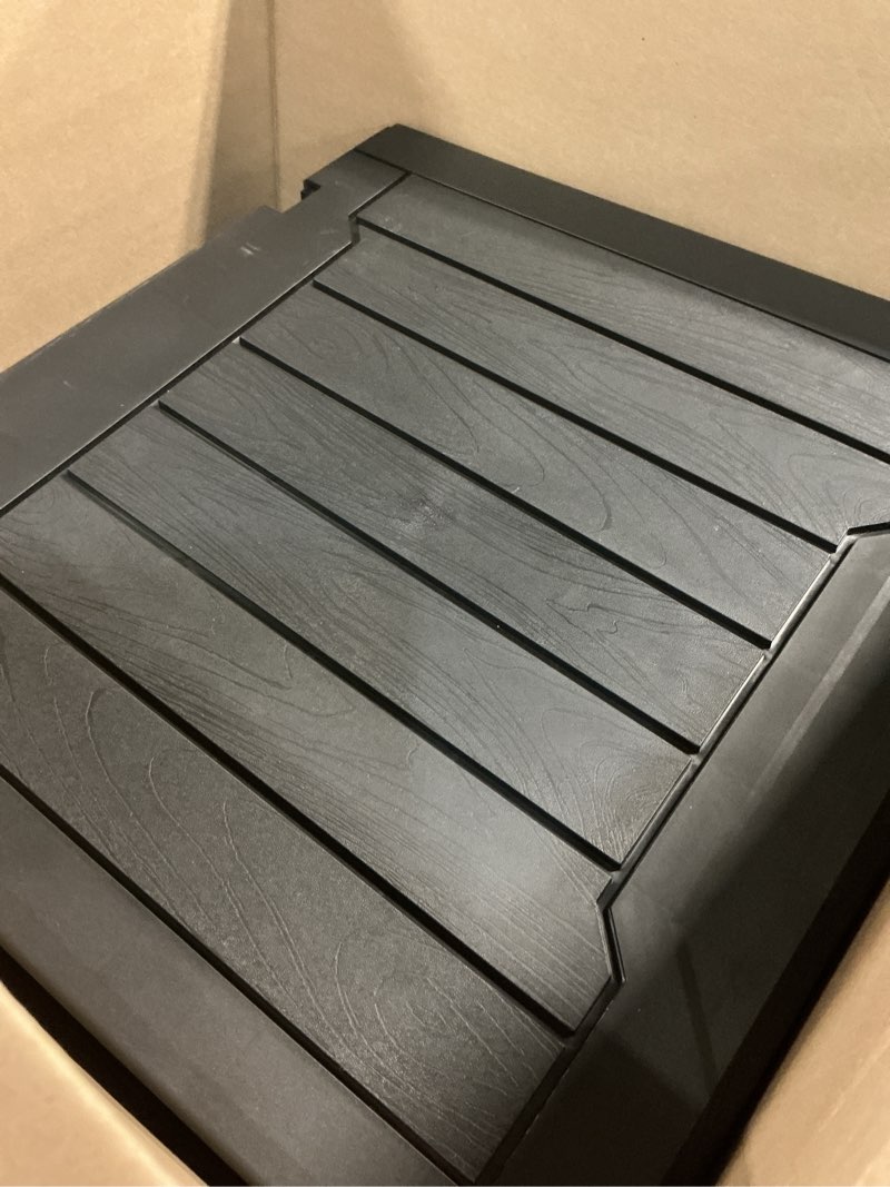 Condition photo showing As Is for devoko 30 gallon resin deck box waterproof outdoor storage box for patio furniture pool accessories indoor storage for cushion garden tools (30 gallon, black)