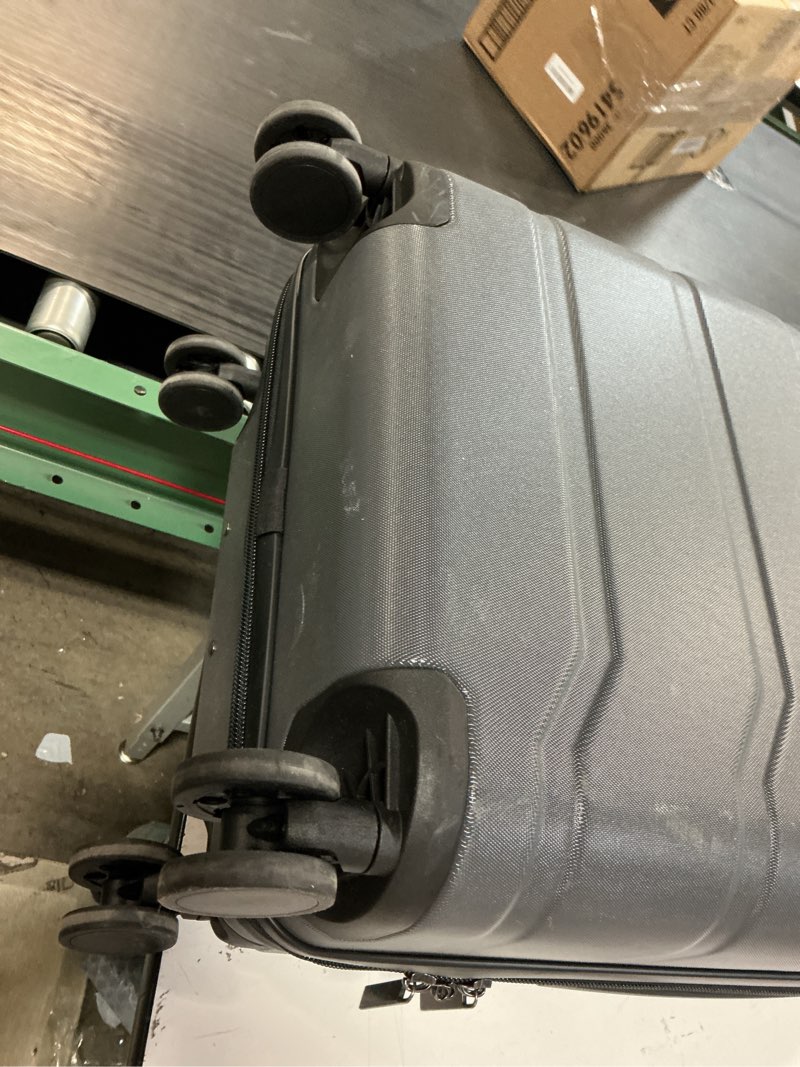 Condition photo showing As Is for medium  checked hardside suitcase - open story gray