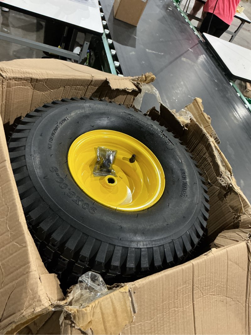 Condition photo showing As Is for set of 2 - 20x8.00-8 lawn mower wheels - turf tech tread