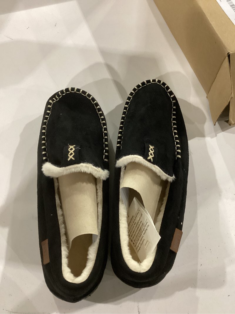 Condition photo showing New/Like New for men's moccasin house slippers - memory foam indoor outdoor shoes warm fuzzy comfy slip-on closed back 10 matte black