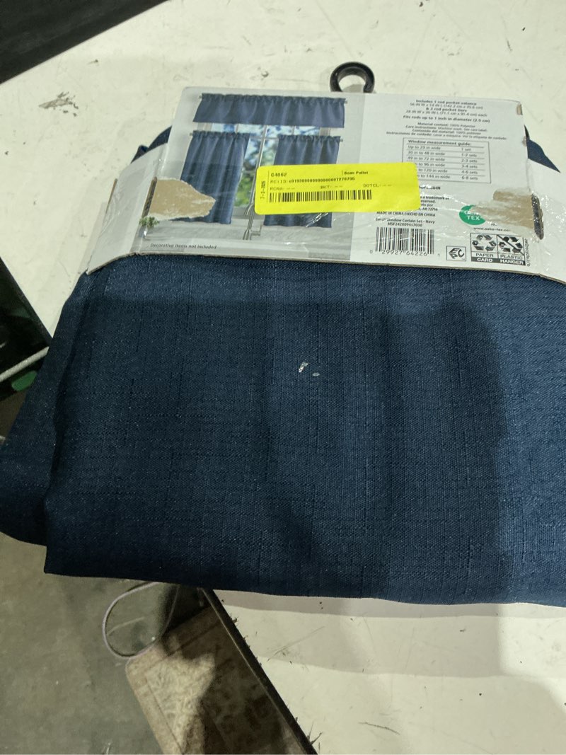 mainstays 3-piece textured semi sheer rod pocket kitchen window tier pair and valance, 2 café curtains and 1 curtain valance, navy, 56"w x 36"l