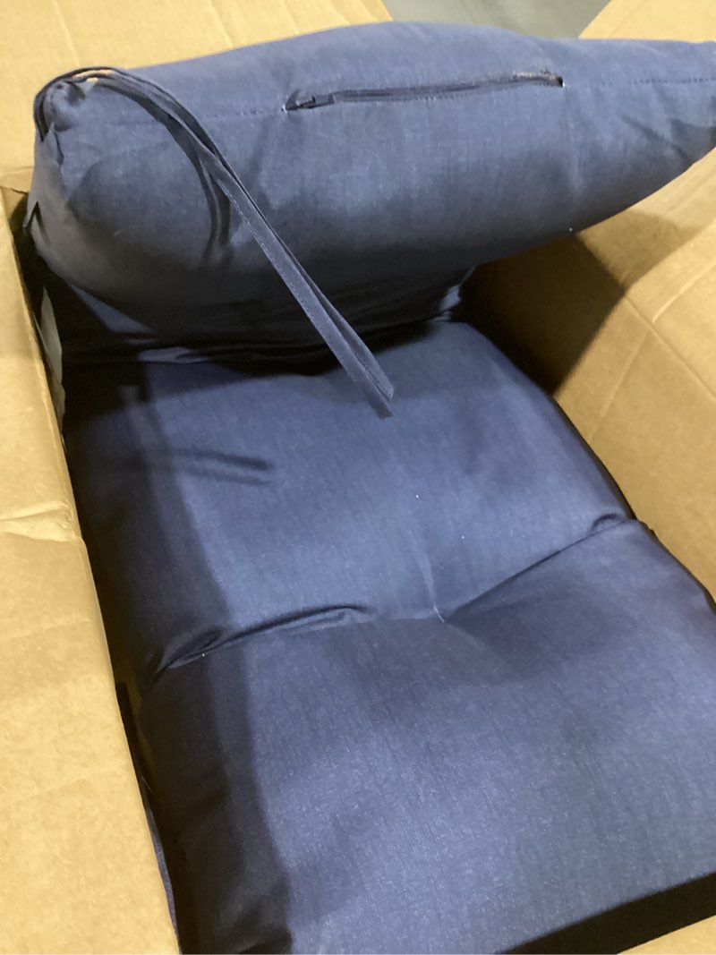 Condition photo showing New/Like New for arden selections outdoor plush modern tufted bench cushion, 48 x 18, water repellent, fade resistant, tufted bench cushion for bench and swing 48 x 18, sapphire blue leala sapphire blue leala 48 x 18 modern tufted bench