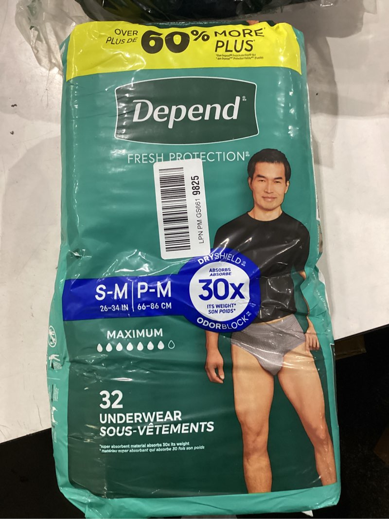 Condition photo showing New/Like New for depend fresh protection adult diapers, incontinence underwear for men, disposable, maximum, small/medium, grey, 32 count, packaging may vary small/medium 32