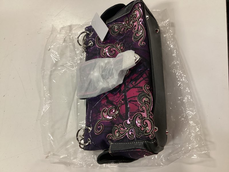 Condition photo showing As Is for zelris camouflage shine glow buckle women conceal carry handbag with wallet set purple