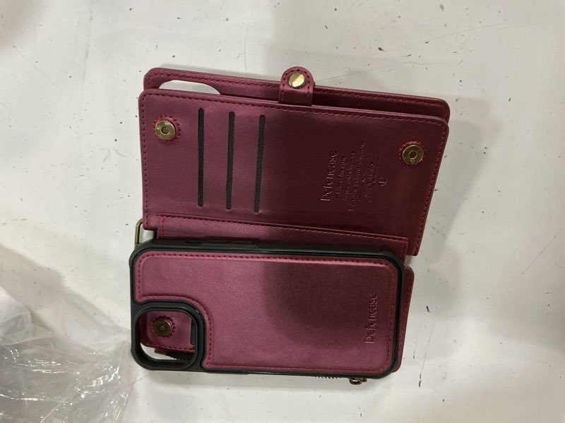 Condition photo showing Good Condition for defencase for iphone 15 magnetic wallet case compatible with magsafe with rfid blocking zipper & card holder for women men, pu leather strap detachable phone case for iphone 15 (6.1 inches), wine red (detachable with magsafe)-wine red
