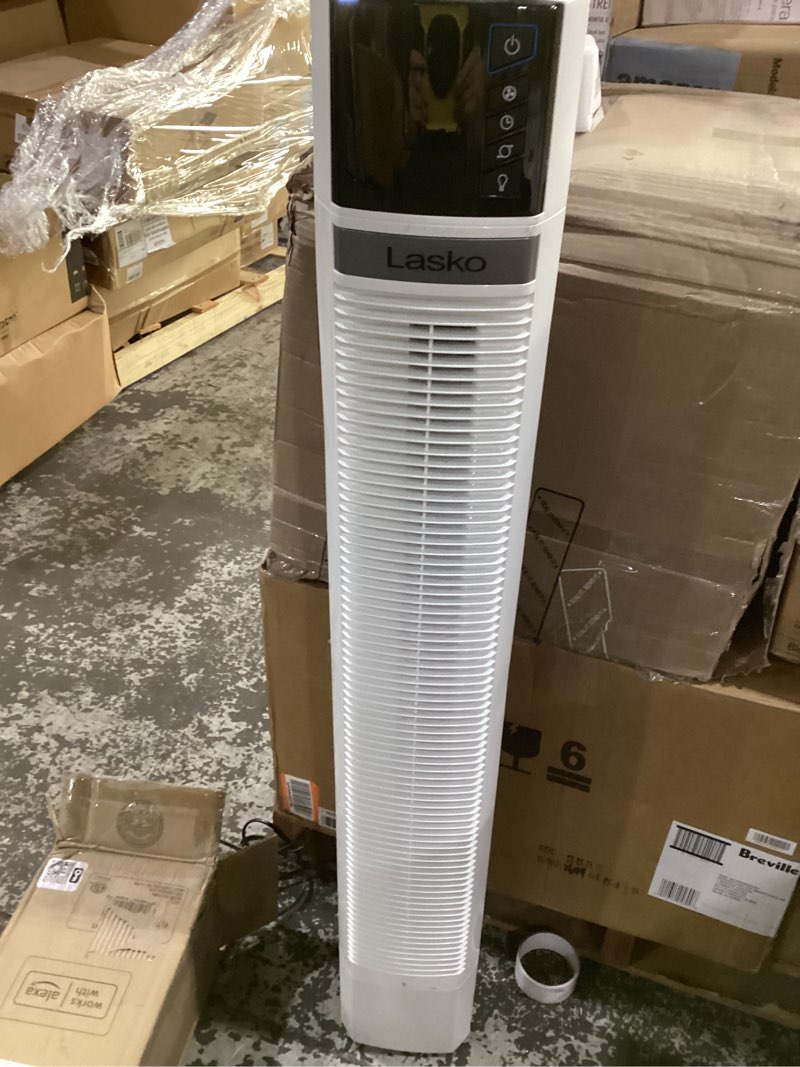 Condition photo showing As Is for used not tested lasko works with alexa oscillating tower fan, voice controlled, 4 quiet speeds, sleep mode, timer, bedroom, living room, 48\", white, t48401 with alexa tower fan