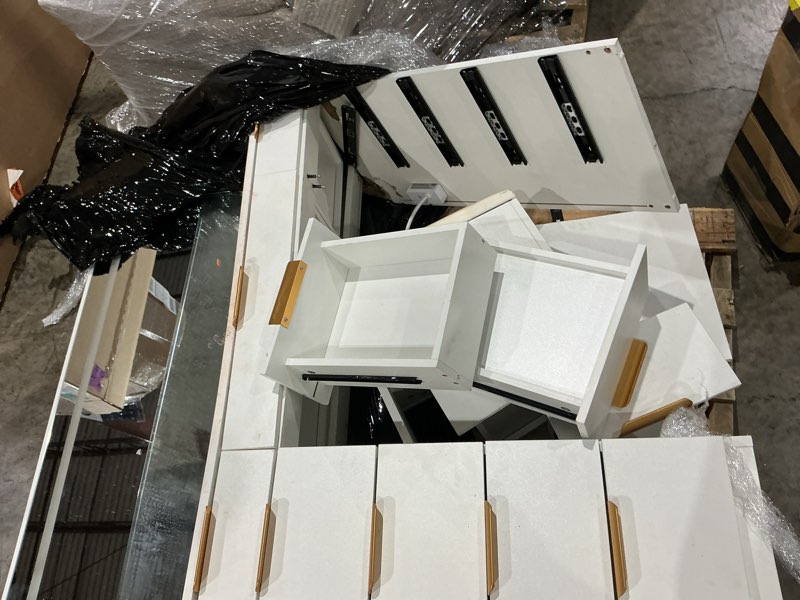 Condition photo showing As Is for pamapic glass top vanity desk with mirror and lights, 11 drawers makeup vanity with charging station and chair, golden handles dressing table, 3 lighting modes makeup table, white white 46"*15.8"*56.1" gold handle