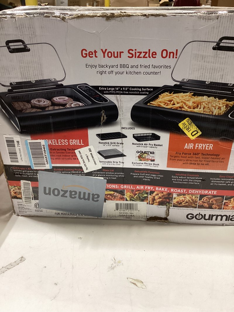 Condition photo showing Good Condition for Gourmia Smokeless Indoor Grill - Air Fryer Combo with Smoke Extractor, 5 Cooking Presets, Grill, Air Fry, Roast, Bake, Dehydrate, Countertop Cooker, Glass Lid