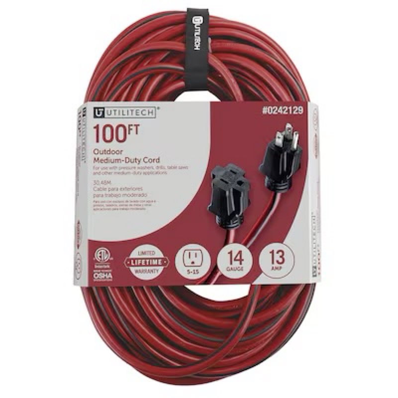 utilitech 100-ft 14 / 3 medium duty 3 prong red and black outdoor extension power cord