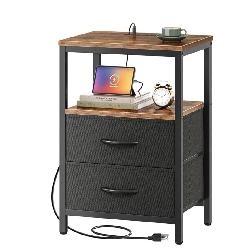 Huuger Nightstand with Charging Station, Side Table with Fabric Drawers, End Table with Open Shelf, Bedside Table with USB Ports and Outlets, Night Stand for Bedroom, Rustic Brown and Black