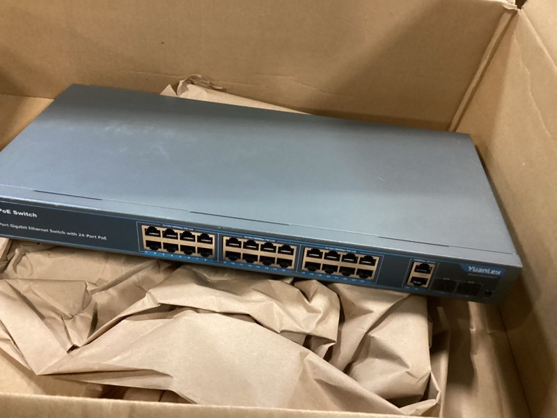 Condition photo showing As Is for 24 Port Gigabit Ethernet PoE Switch with 2 Uplink Gigabit Port & 2 SFP Port, YuanLey Unmanaged 24 Port PoE+ Network Switch, Rackmout, Build in 400W Power, Support 802.3af/at, Plug and Play 28 Port | 24*PoE+(1000Mbps) (400w)