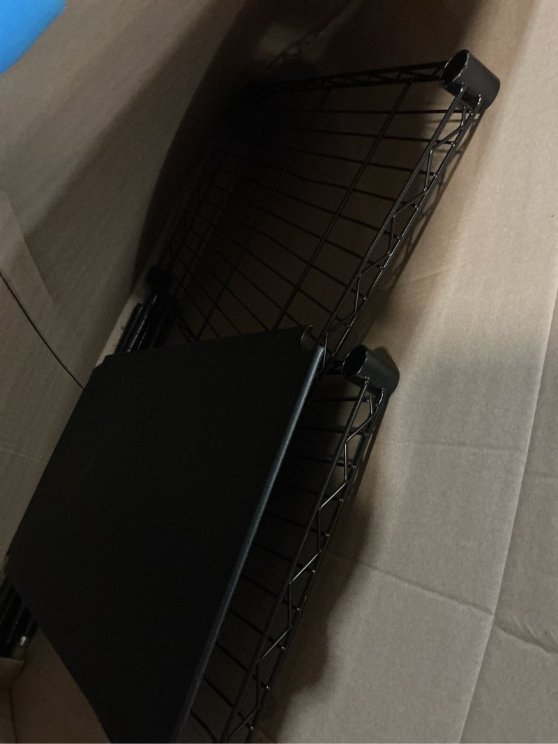 Condition photo showing As Is for amazon basics 2-shelf stackable storage, 13.3" d x 23.2" w x 22.2" h, black narrow 2-shelf black