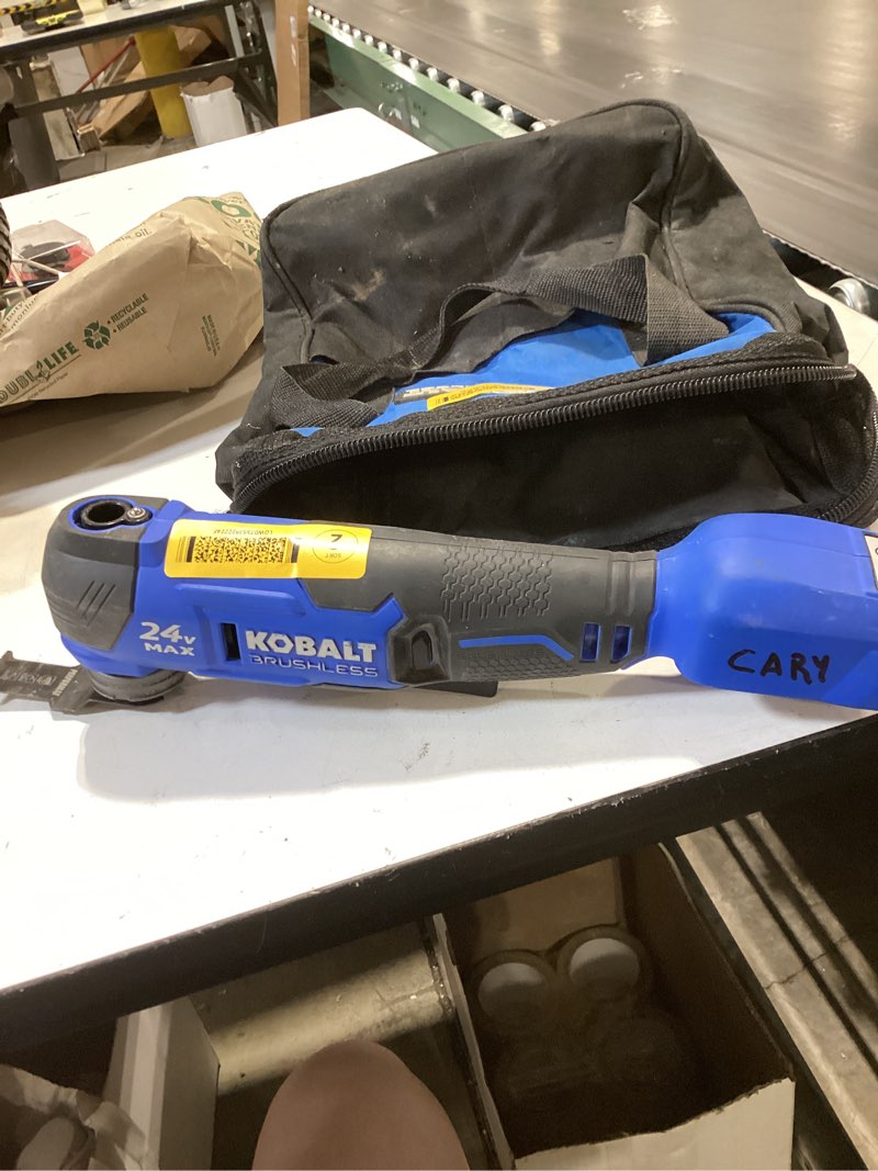 Condition photo showing As Is for kobalt 24-volt cordless brushless variable speed 17 -piece oscillating multi-tool with soft case