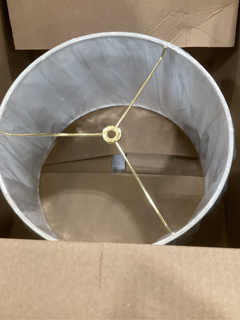 Condition photo showing New/Like New for Aspen Creative 32311 Transitional Hardback Empire Shaped Spider Construction Lamp Shade in Light Blue, 14" wide (12" x 14" x 10")