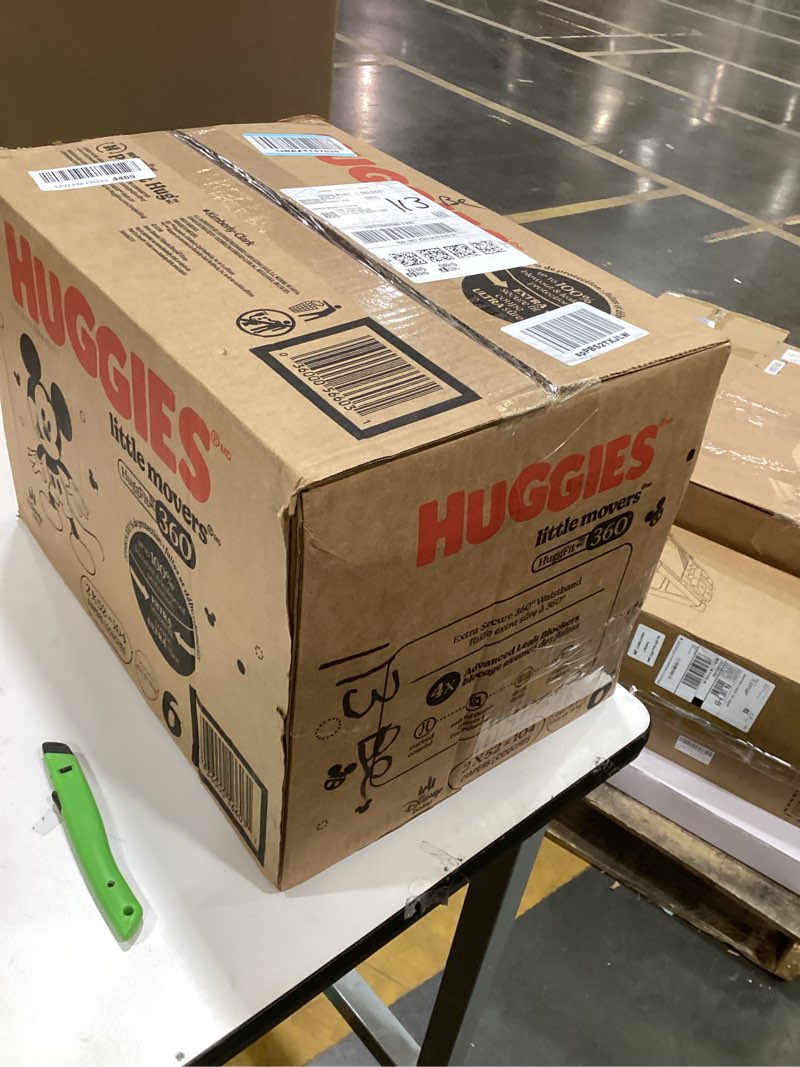 Condition photo showing New/Like New for Huggies Size 6 Baby Diapers, Little Movers HuggFit 360° Baby Diapers with 360° Waistband, Size 6 (35+ lbs), 104 Count (2 Packs of 52), Packaging May Vary Size 6 104