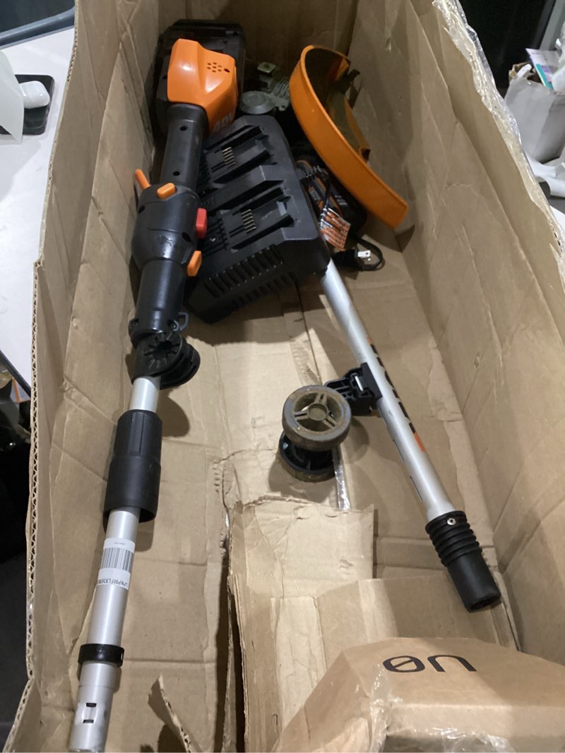 Condition photo showing As Is for 20v 12\" cordless string trimmer with 2 x 2.0ah battery and charger, electric grass trimmer battery powered eater string, edger lawn tool grass cutter with 8pcs line, lawn mover for garden yard, orange, similar to stock photo, incomplete, used