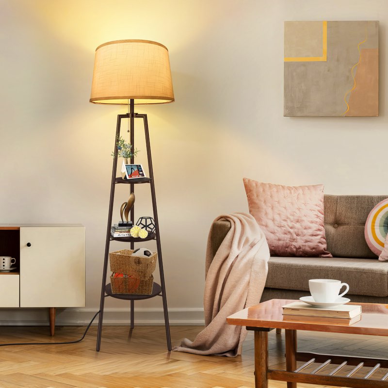 Grealish 60.7 in LED Dimmable Tripod Floor Lamp with Shelves,Modern Shelf Floor Lamp with 3 Color Temperature Base Finish: Black with Walnut Board