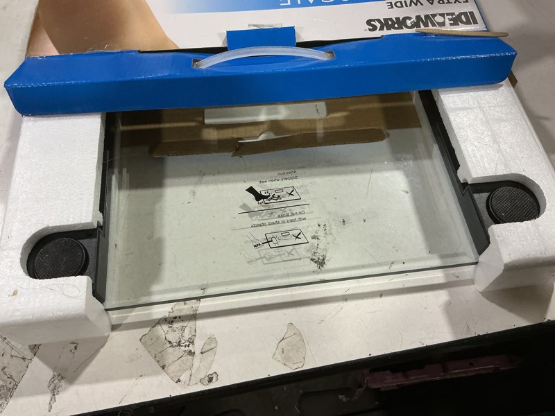 Condition photo showing Good Condition for ideaworks jb5824 extra wide talking scale-visual & voice display scale- 550 pounds max-tamper glass-extra wide width-large lcd display-tap on & off auto function clear