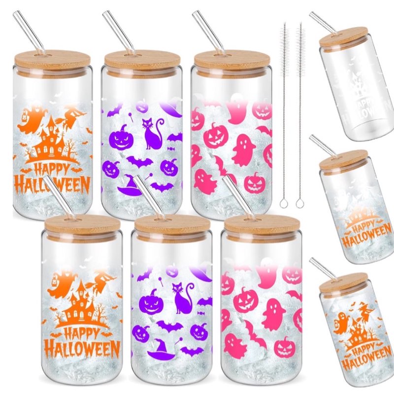 Vesici 6 Set Halloween Glass Cups Gift Bulk 16 oz Color Changing Ghost Cups with Lids Straws Bat Pum