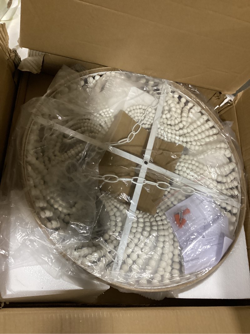 Condition photo showing Good Condition for 5 Lights Bohemia Wood Beaded Chandelier Farmhouse Antique Rustic Pendant Light for Bedroom Kitchen Island Dining Living Room, White, Dia 22 Inch A-Round